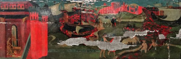 Flemish school, figures in an extensive fantasy medieval landscape, oil on panel, unframed, 40cm x 118cm.