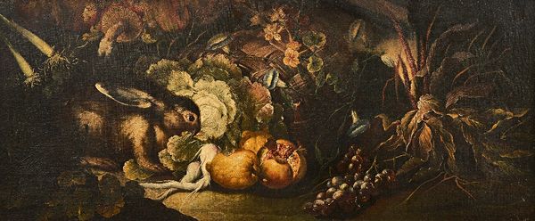 Manner of David de Coninck, Still life of rabbit, fruit and vegetables, oil on canvas, 45cm x 108cm.