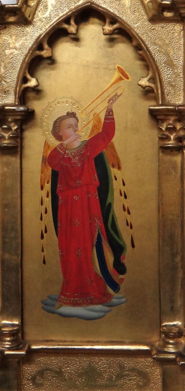 After Fra Angelico, An angel with bugle, oil on gold ground within a giltwood framed tabernacle icon, overall saize 49cm x 19cm.