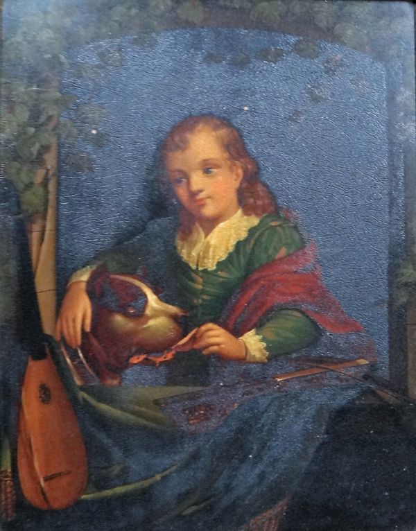 After Caspar Netscher, Boy with Mandolin feeding a dog, oil on metal, 24cm x 17.5cm.