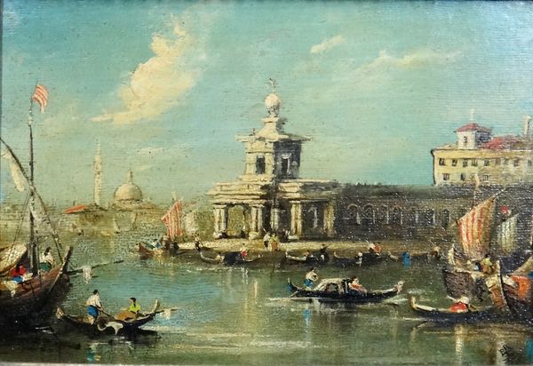 Manner of Francesco Guardi, The Customs House, Venice; The Church of Le Zitelle, Venice, a pair, oil on canvas, both bear initials, eachg 16.5cm x 23c