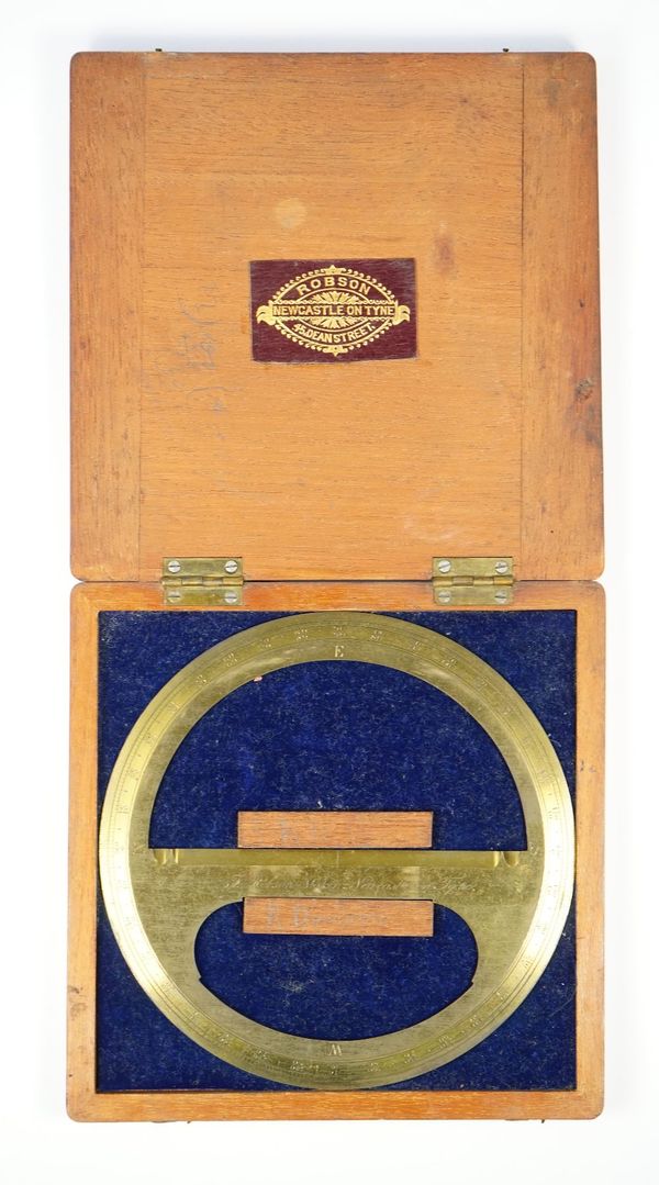 An early 20th century brass circular protractor by 'F. ROBSON, NEWCASTLE UPON TYNE', in a fitted mahogany case.