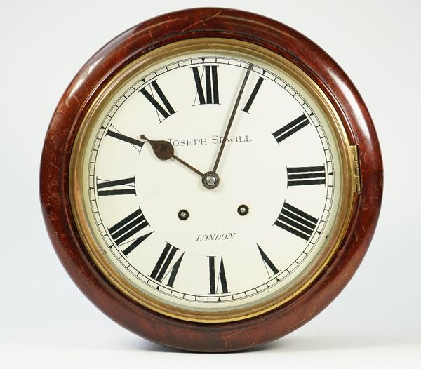 A mahogany cased 10 inch dial clock, early 20th century with painted tin dial detailed 'JOSEPH SEWILL LONDON' enclosing a German two train movement wi