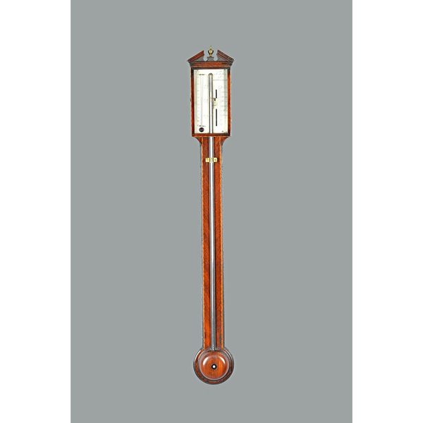 F. Salteri Co Nottingham, a mahogany and chequered stick barometer, 19th century, with broken arch pediment, silvered plate and half block cistern, 97