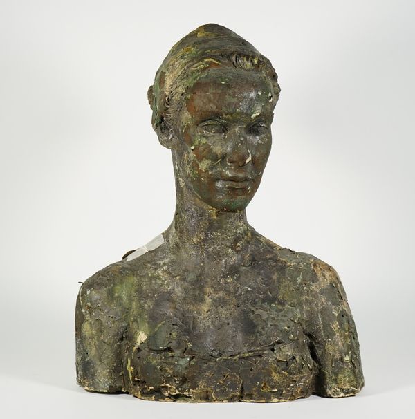 Franta Belsky (1921-2000) bust of a lady, verdigris patinated resin, signed 'F. BELSKY', 56cm high. ARR