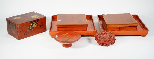 A Chinese cinnabar lacquer bowl and cover of lobed fruit form, 15cm diameter, and a collection of Chinese lacquer wares, (7).