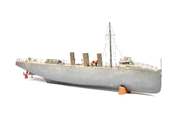 A model of a torpedo boat destroyer, English, circa 1905, scratch built and based on HMS Havock built in 1893, the first Royal Navy destroyer, 136cm w