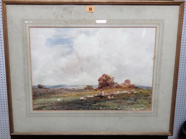 Claude Hayes (1852-1922), Sheep and shepherd in a landscape, watercolour, signed, 35cm x 50.5cm.