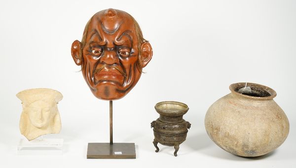 A Japanese plaster mask with inset glass eyes and applied hair on a metal stand, 24cm high, a Chinese metal censor, 13cm high, a pottery bowl and a te