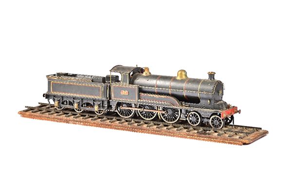 A 3 1/4 inch gauge electric model of the 4-6-4 locomotive and tender ' Experiment', 20th century, black and red livery with eight wood wagons and rela