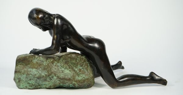 Christian Maas (b.1951), patinated bronze, erotic female nude, modelled bent over a verdigris patinated rock, limited edition 7/8, signed, 24cm high x