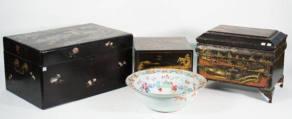 A Chinese wooden chest, 20th century, of twin handled rectangular form inlaid with mother-of-pearl, 55cm wide, a Chinese famille verte porcelain bowl,