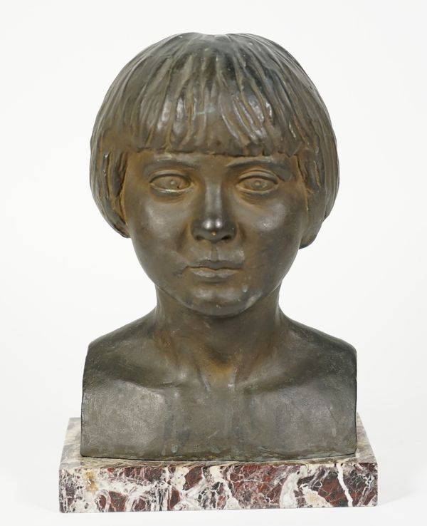 A patinated bronze bust of a young girl, incised signature 'A. MARZOLLO 1930', raised on a marble plinth, 28cm high.