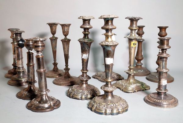 Silver plated wares; a quantity of candlesticks including two telescopic examples. S3T