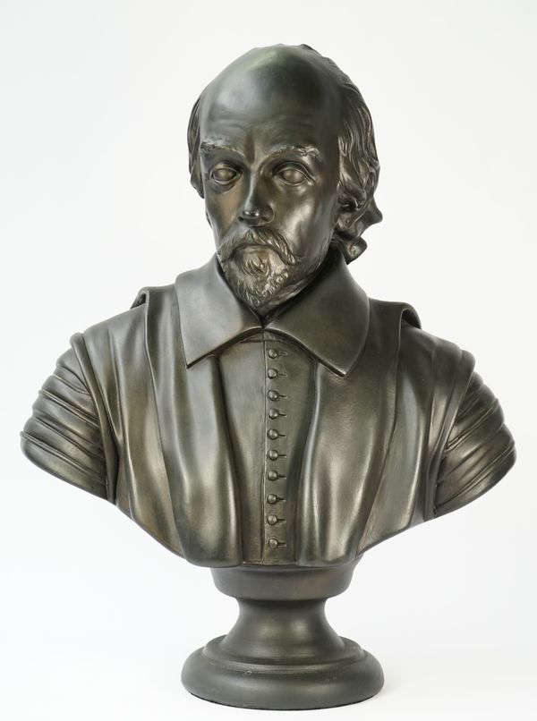 A modern black painted plaster bust of William Shakespeare, raised on a turned socle, 70cm high.