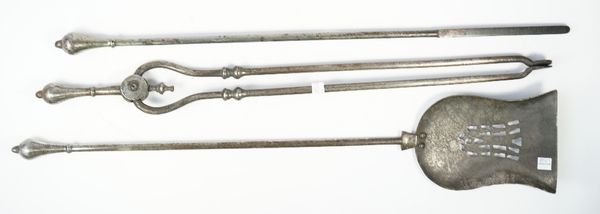 A set of three Victorian steel fire tools, with spherical tapering handles and knopped shafts, shovel 74.5cm, (3).