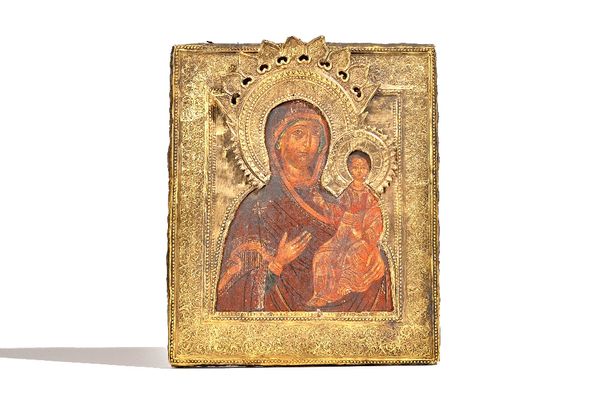 A Russian Icon, mother of God of Smolensk, polychrome painted with gilt metal oklad, 33cm x 27cm.