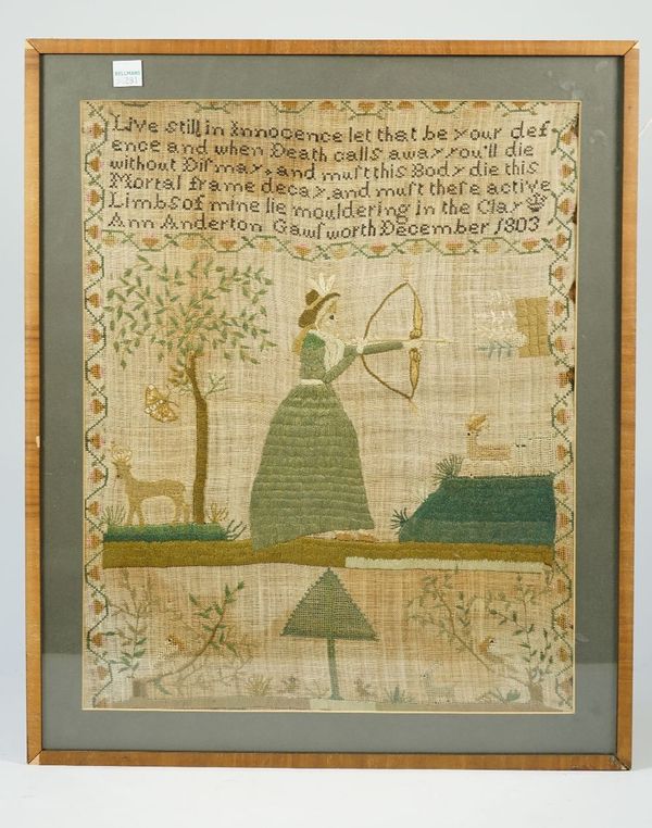 A needlework sampler by Ann Anderton Gawlworth, December 1803, depicting a female archer next to a tree and deer with moral verse above within a folia