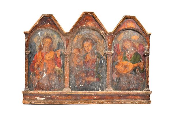 A polychrome painted wooden triptych panel, each depicting a classical female figure with child or playing a musical instrument, each divided by a flu