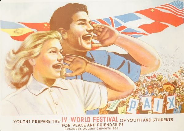 Thirteen copies of 'IV World Festival of Youth and student, Bucarest 1953' lithograph in colours 58cm x 41cm, rolled, (13). 15