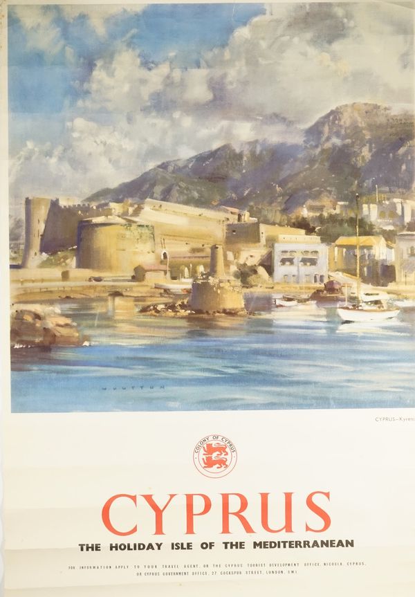 Three vintage tourism posters for Cyprus circa 1950, each lithograph in colours, one signed 'Wouttum' 76cm x 51cm rolled, (3).