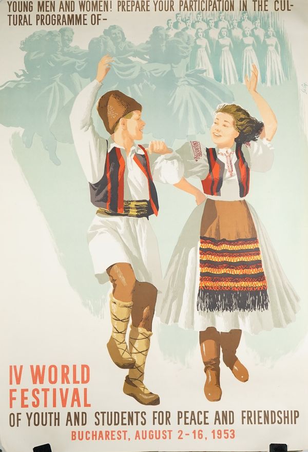 Ten Romanian propaganda posters, indistinctly signed and dated 1953, 'IV World Youth Festival', lithograph in colours, 85cm x 58cm, rolled, (10).