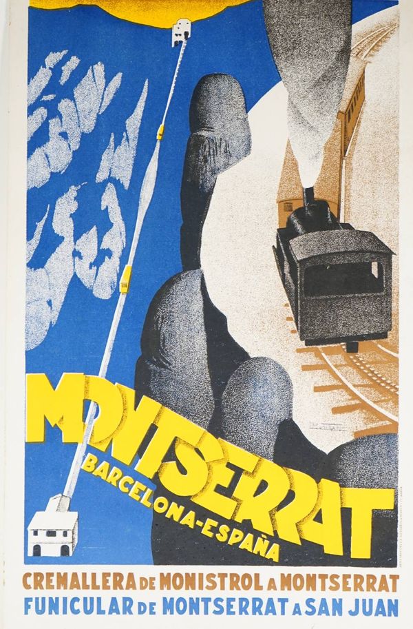 A mid-20th century Spanish tourism print 'Monserrat-Barcelona - Espana' printed by Henrich, lithograph in colours on card, 44cm x 27cm.