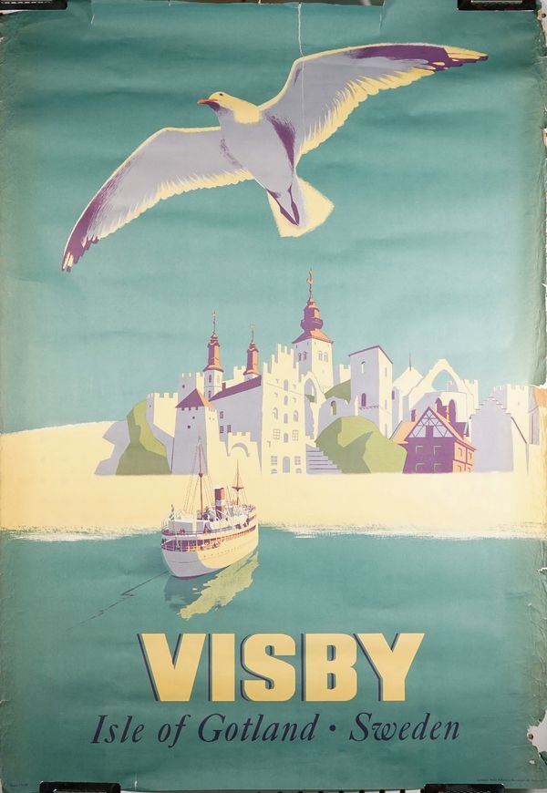 Swedish Tourism poster 'Visby, Isle of Gotland, Sweden', circa 1950, lithograph in colours, 99cm x 70cm, rolled and another 'Sweden' by the Swedish To