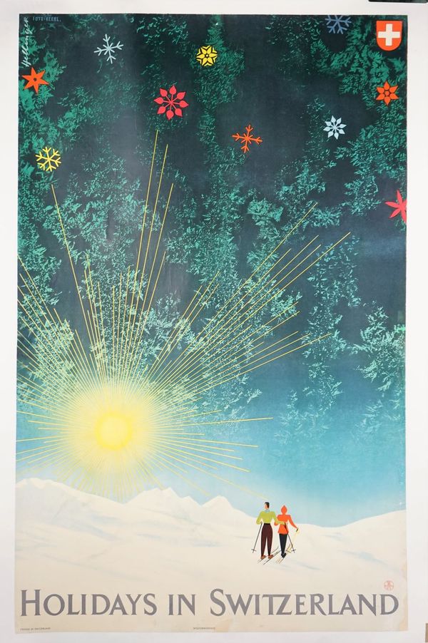 Holiday in Switzerland, Hellinger, Fritz, lithographic tourism poster circa 1948, printed by Wolfsbergdruck, 101.5cm x 64.5cm, laid to linen. 20