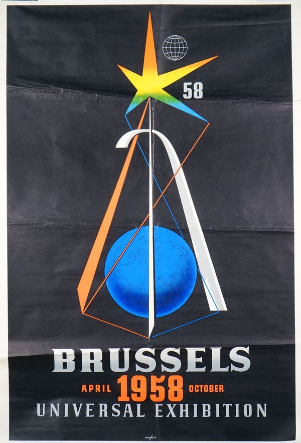 Brussels 1958 Universal Exhibition, lithograph coloured poster, Manfurt by Andrea Beyart, 119cm x 79cm, rolled.