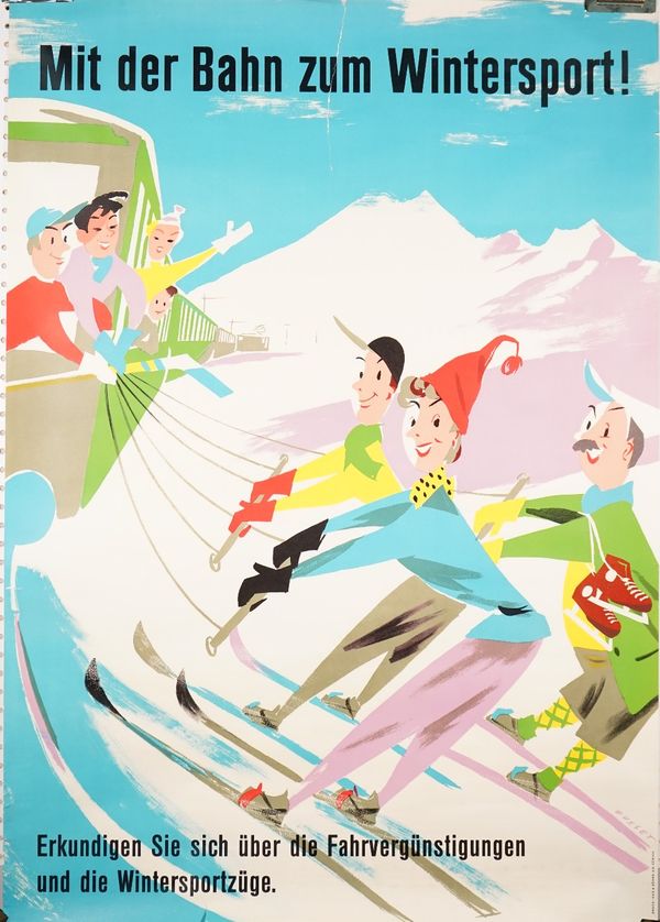 Austrian skiing / tourism poster, Mit der Bahn Zum Wintersport, circa 1950, lithograph in colours, Gusset Druck; Hug & Sohne A.G Zurich, 128cm x 90cm,