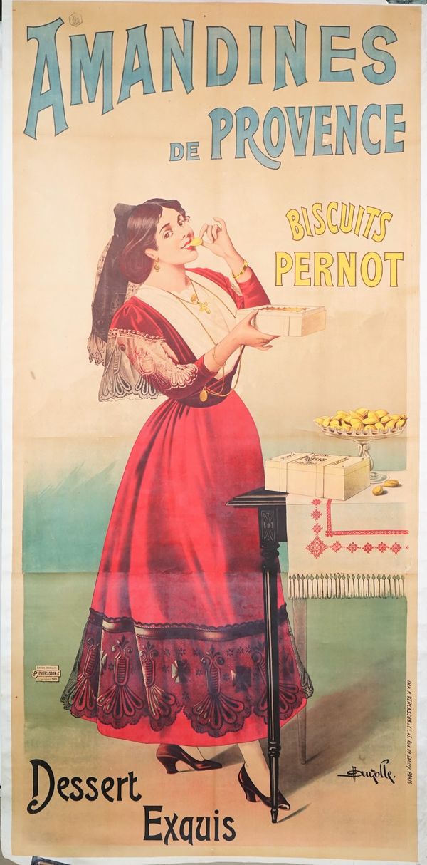 Marcellin Auzolle, Amandiners de Provence Dessert Exquis, French poster, circa 1900, lithograph in colours, 203cm x 99cm, laid to linen.