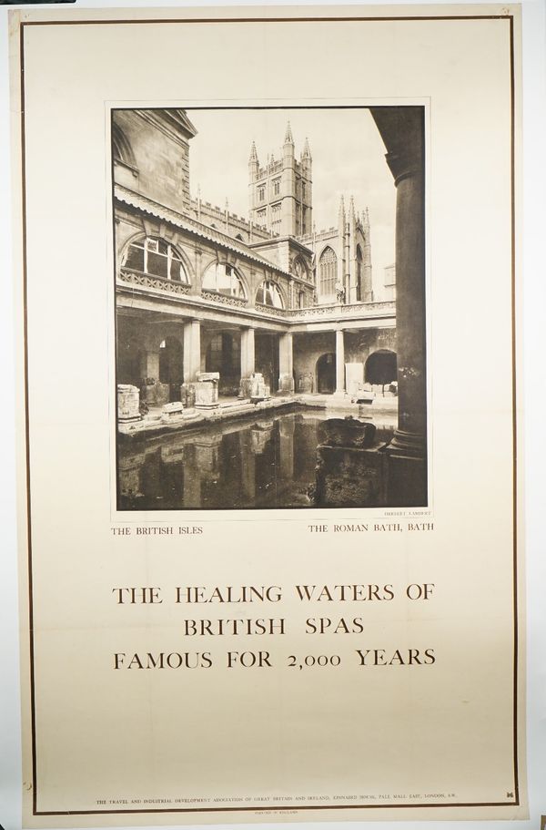 Herbert Lambert, The Roman Bath, Bath, British Tourism poster, lithograph in black and white, circa 1950, The Healing Waters of British Spas Famous fo