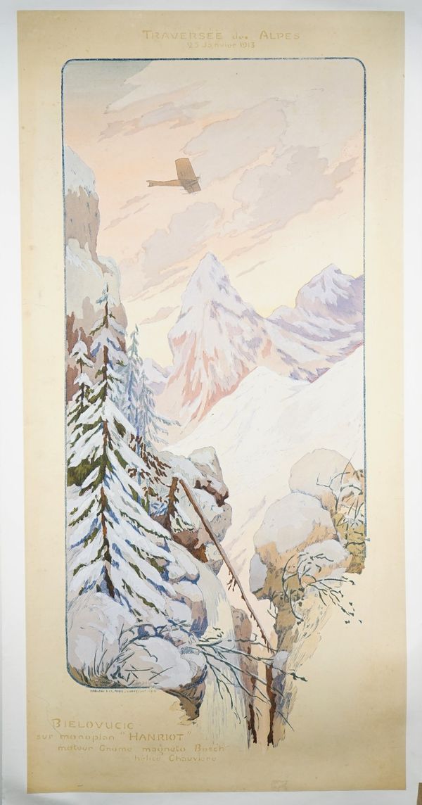 Traversée des Alpes, lithograph in colours, 1913 printed by Mabileau & Cie, Paris, 88cm x 43cm, laid to linen.