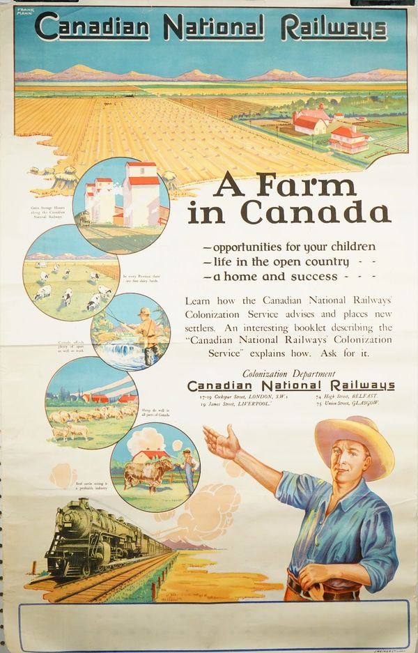 Frank Mann, Canadian National Railways, immigration poster, circa 1930, lithograph in colours, 101cm x 64cm rolled.