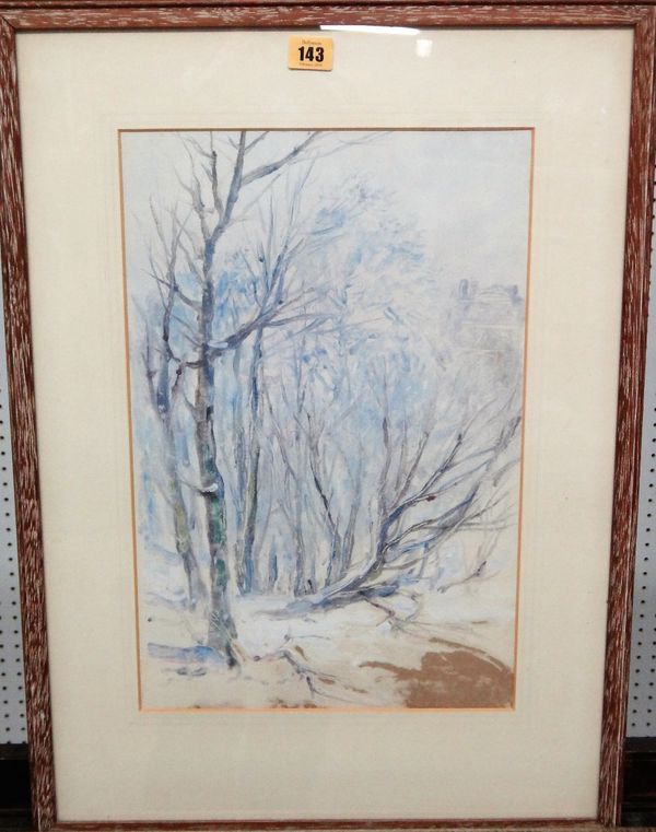 Attributed to Harry Phelan Gibb (1870-1948), Winter woodland scene, watercolour and gouache, 44cm x 29cm. C1 Dis £10