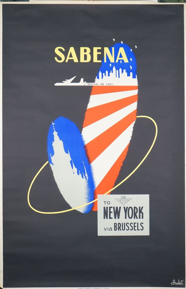 Dohet; Sabena Belgian Airlines to New York via Brussels, circa 1930, lithograph in colours, 99cm x 64cm.