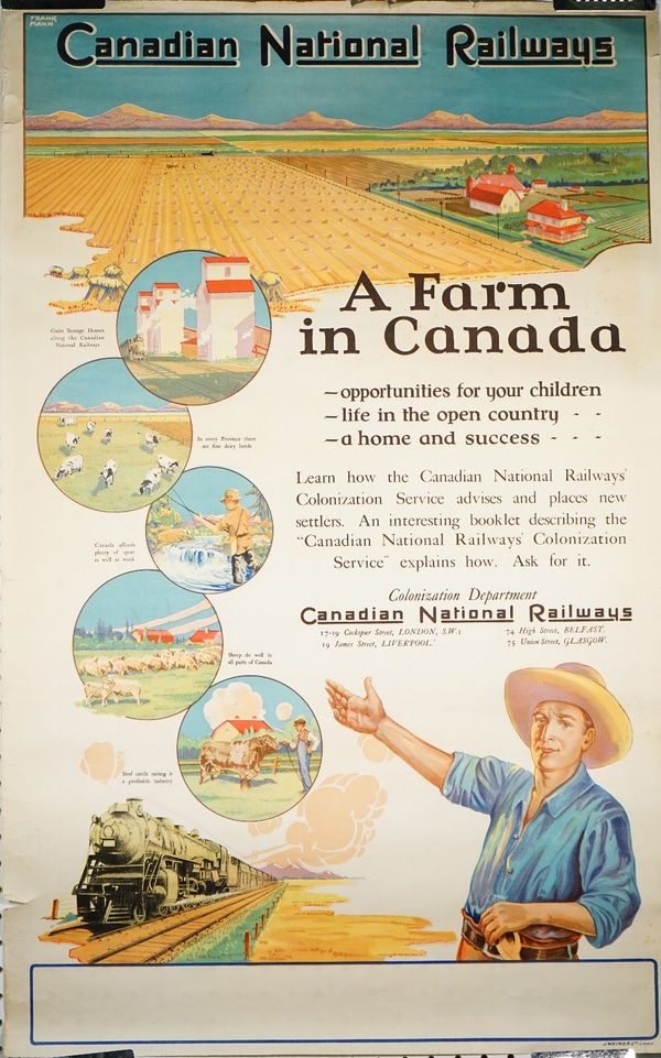 Two posters; Frank Mann; Canadian National Railway Immigration, circa 1930, lithograph in colours, 101cm x 63cm rolled, (2).