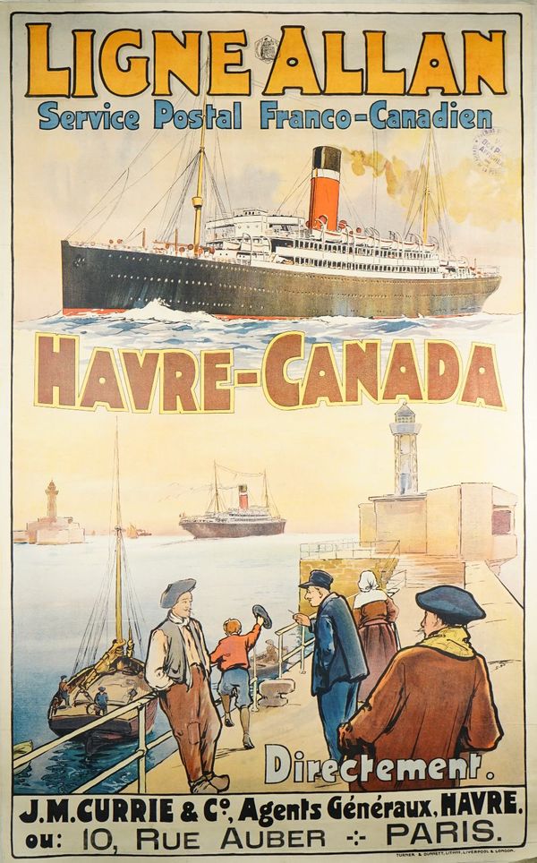 French Travel Poster, 'Ligne Allan Havre-Canada', circa 1920, possibly by Norman Wilkinson, lithograph in colours, printed by Turner & Dunnetti, Liver