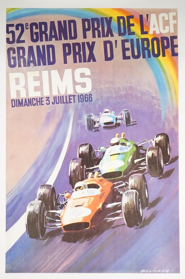 Beligond 'Reims Grand Prix', 1966, lithograph in colours, 59cm x 39cm, laid to linen. 15