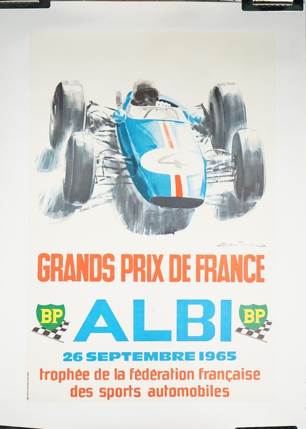 Beligand 'Grand Prix France Albi 1965', motor racing, lithograph in colours, 59cm x 40cm, laid to linen.