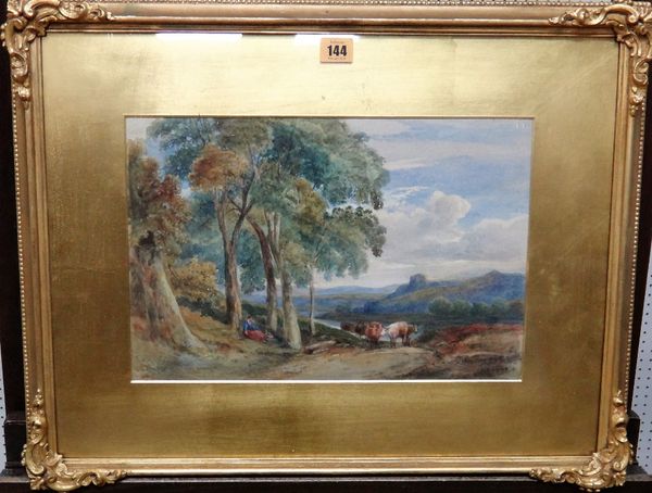 English school 19th/20th century, Cattle and figure in a wooded landscape, watercolour, 25.5cm x 38cm.