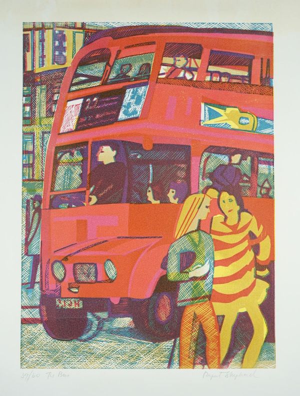 Rupert Shepard, (1909-1992) 'The Bus', linocut, ltd edition 39/60, signed in pencil, 40cm x 30cm rolled.