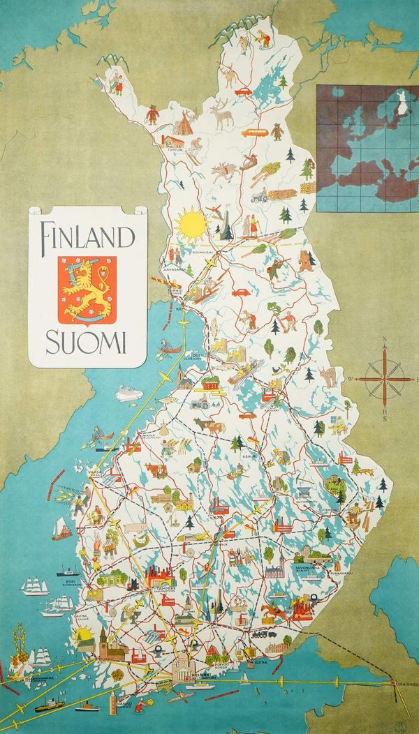 Unknown artist; 'Finland Suomi' vintage tourism map/poster, 1949, lithograph in colours, 84cm x 47cm, rolled.