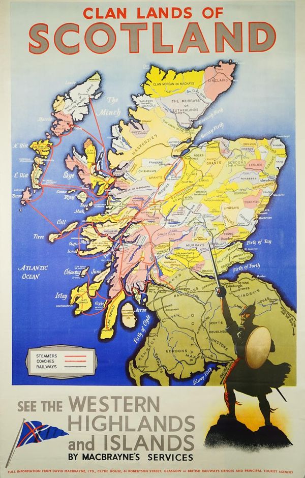 John Horn Ltd Glasgow 'Clan lands of Scotland', 'See The western Highlands and Islands' by Macbraynes Services, undated, lithograph in colours, 102cm