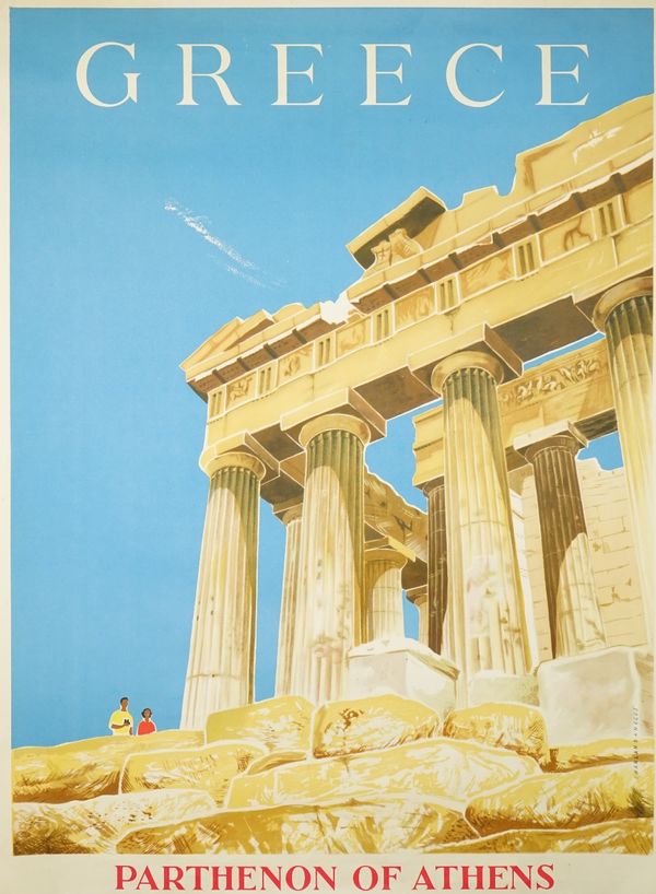 Sharland- Negus 'Greece 'Parthenon of Athens', circa 1952, lithograph in colours printed by M.Pecilvanidis & Co, Athens, 80cm x 60cm, rolled.