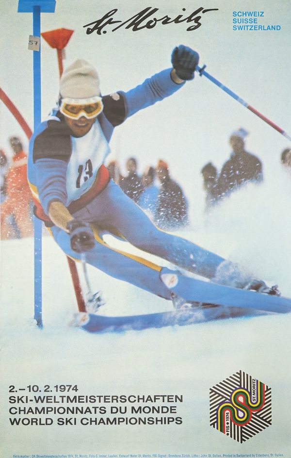 Three St Moritz, World Championships 1974 skiing promotional posters, the largest 102cm x 64cm, rolled, (3).