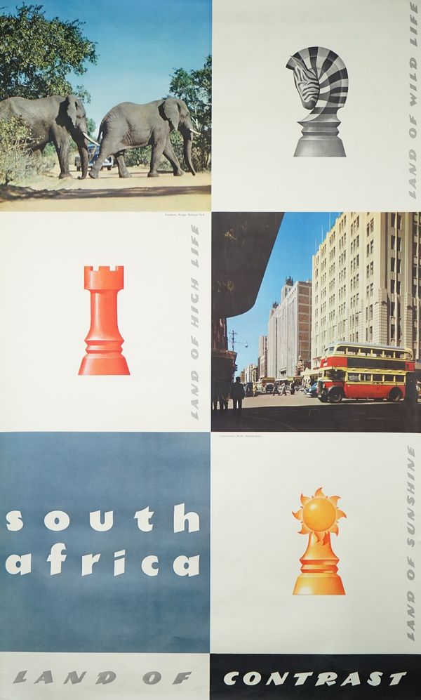 'South Africa, Land of Contrast', tourism poster, circa 1960, lithograph in colours printed in Holland by Rotogravine, Leiden 101cm x 61cm and another