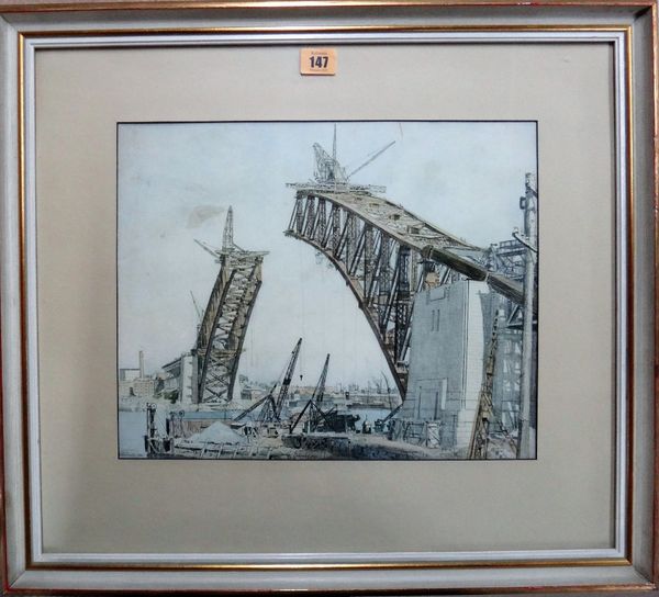 After Sydney Ure Smith, The Construction of Sydney Harbour Bridge, colour print, 30cm x 37cm.