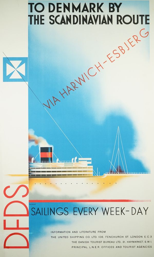 Ras-Andre 'To Denmark by the Scandinavian Route', lithograph in colours printed by Andreasen & Lachmann, 97cm  x 56cm, framed and glazed and one furth